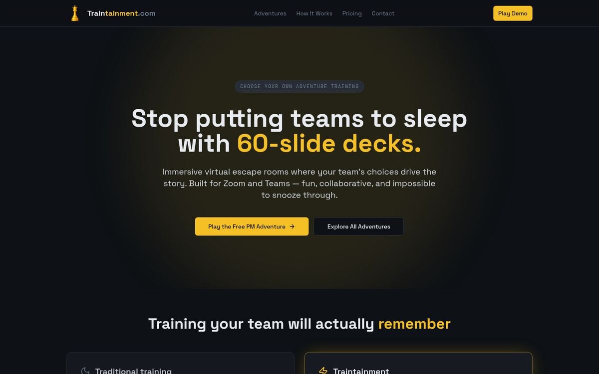 TrainTainment homepage: “Stop putting teams to sleep with 60-slide decks.”
