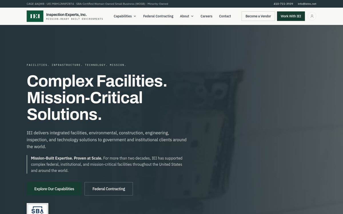 Inspection Experts, Inc. homepage headline “Complex Facilities. Mission-Critical Solutions.”