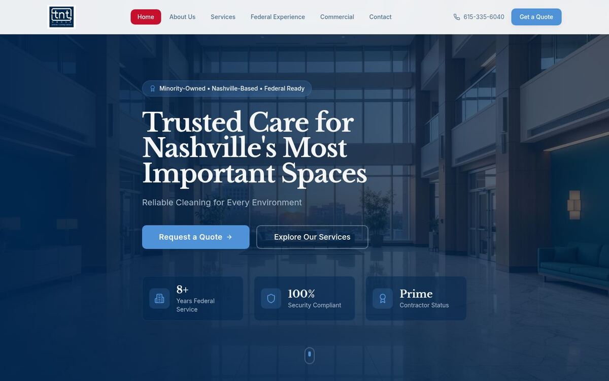 TNT Group homepage headline “Trusted Care for Nashville’s Most Important Spaces”