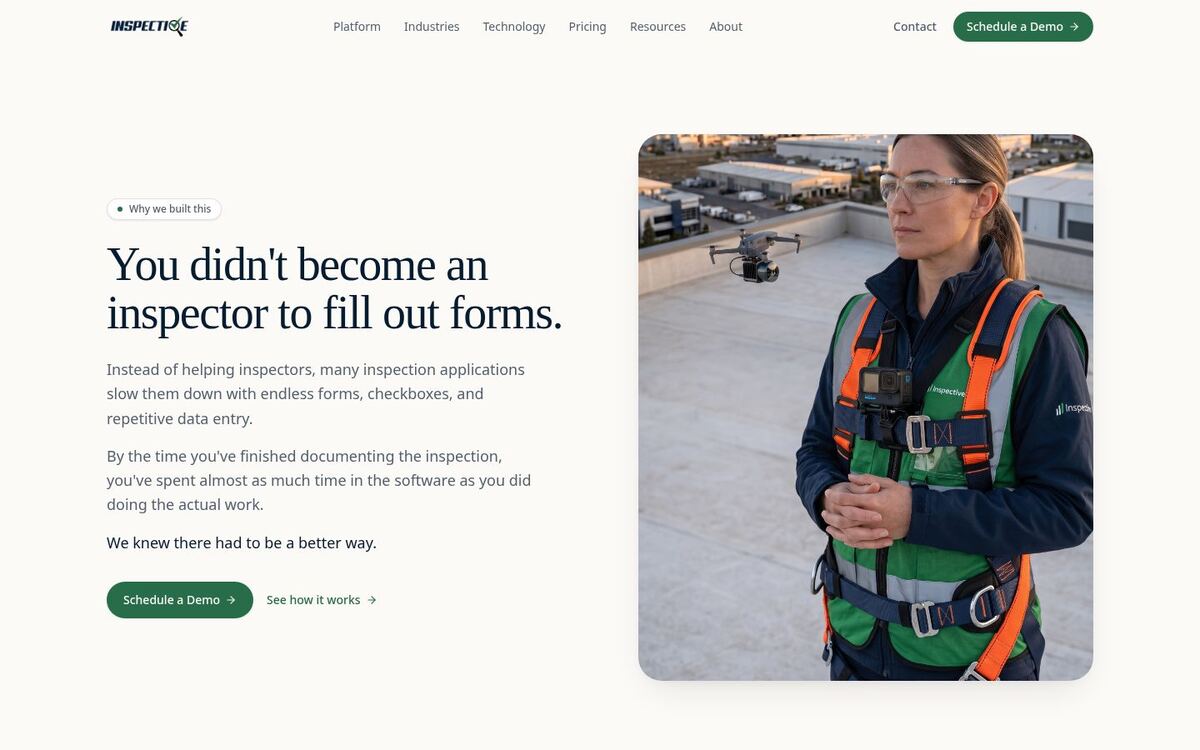 Inspective homepage: “You didn’t become an inspector to fill out forms,” beside a photo of an inspector in a safety vest