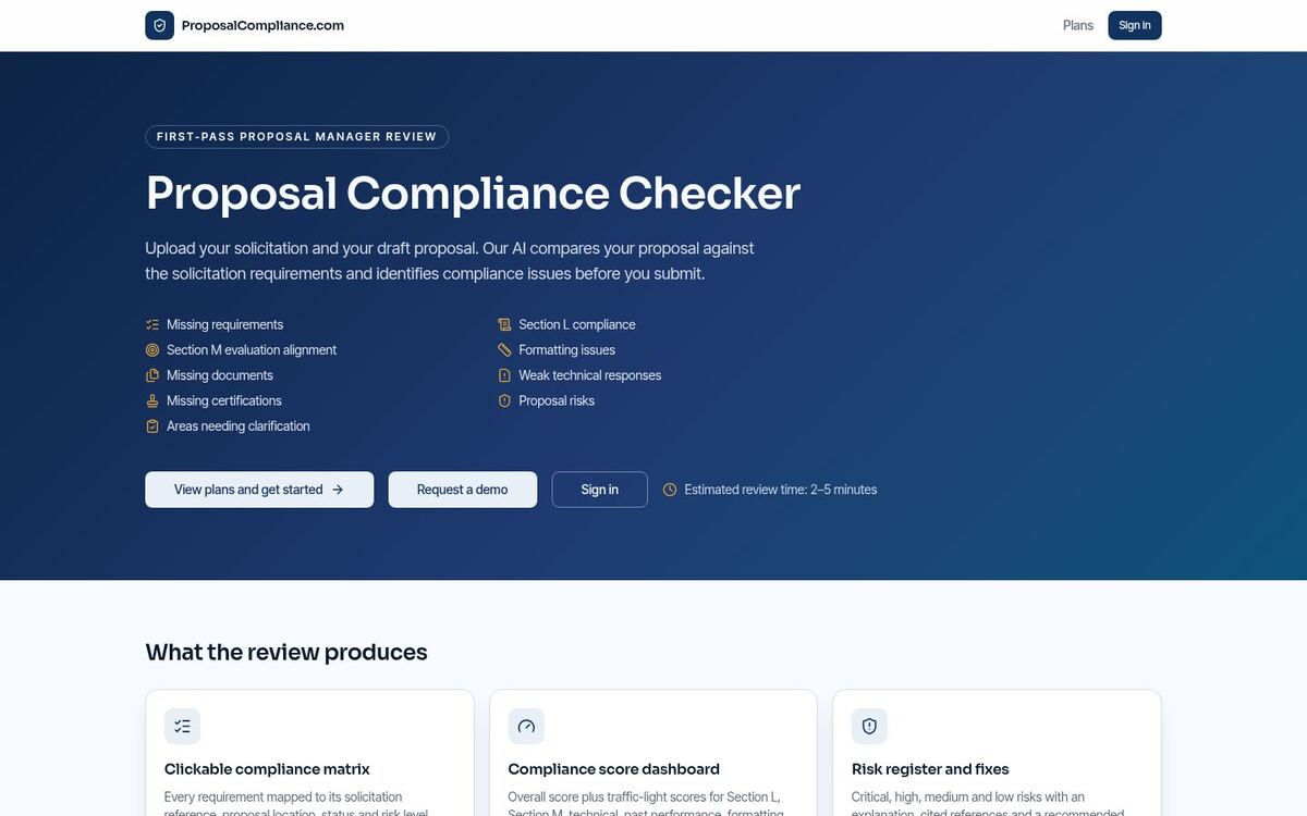 Proposal Compliance Checker homepage listing review categories such as missing requirements and Section L compliance