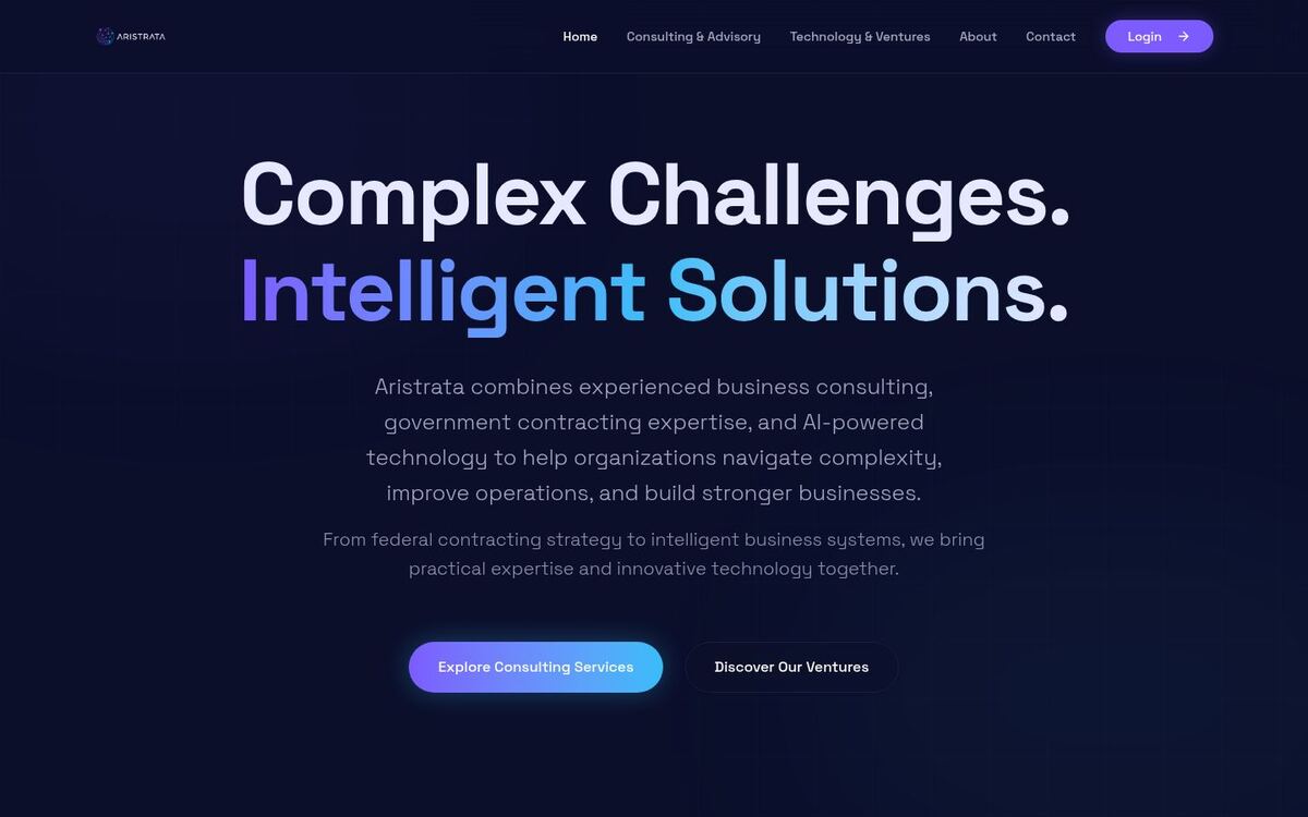 Aristrata homepage headline “Complex Challenges. Intelligent Solutions.” on a dark background