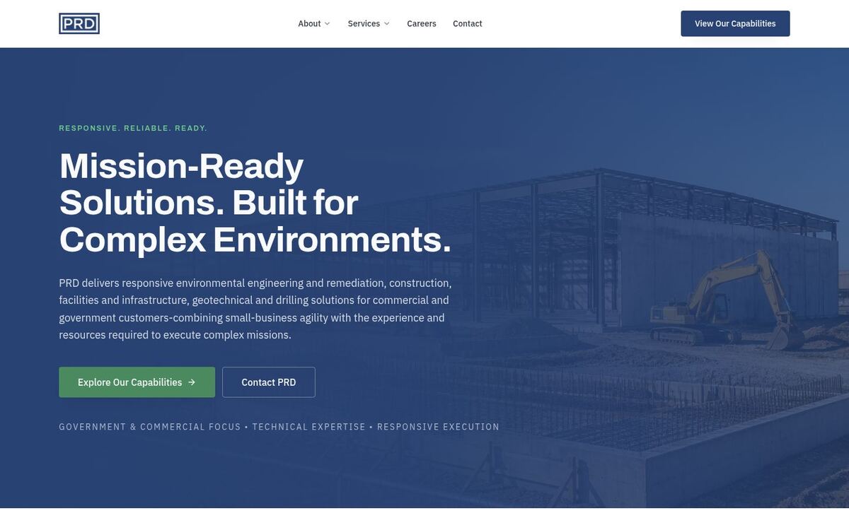 PRD homepage headline “Mission-Ready Solutions. Built for Complex Environments.”
