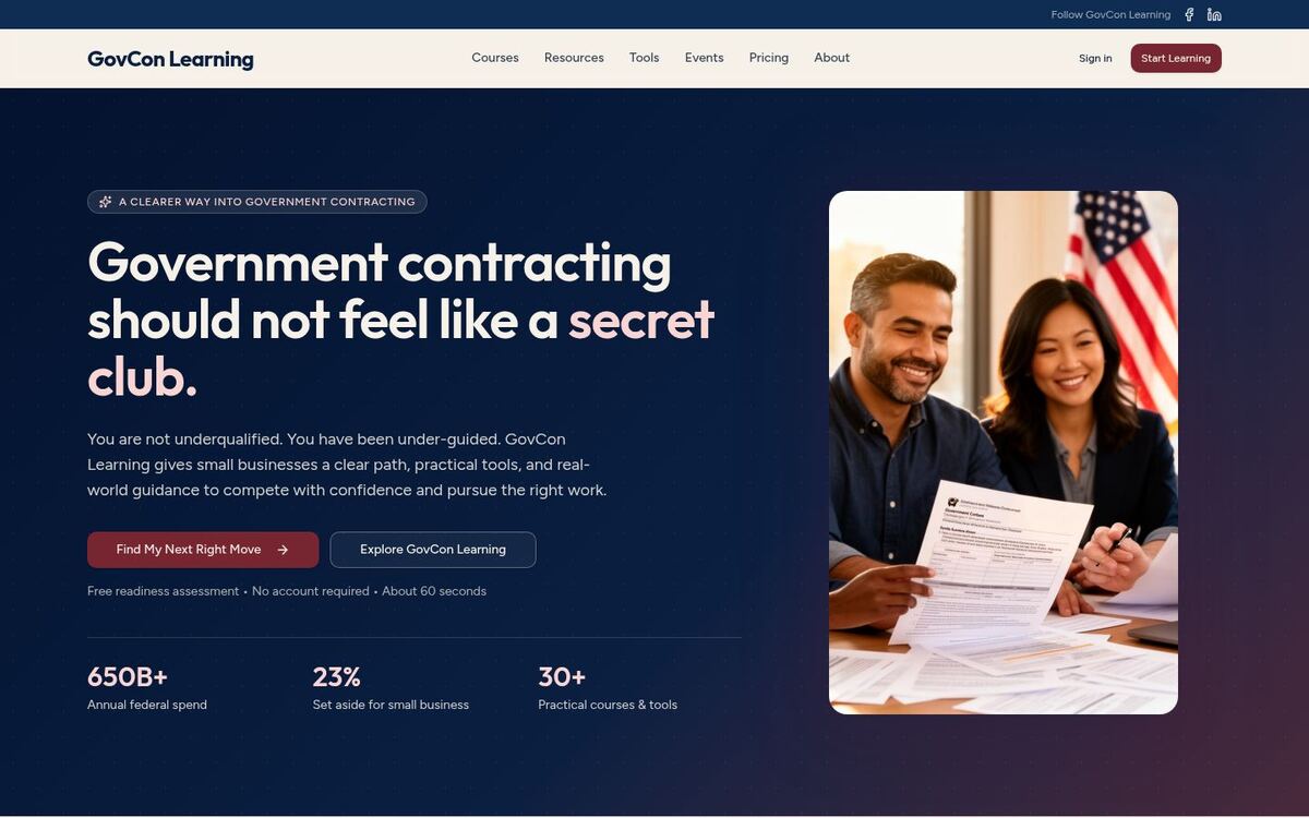 GovCon Learning homepage: “Government contracting should not feel like a secret club.”